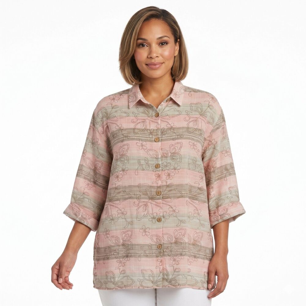 Dress Barn 1X Cotton Blend Button-Up, Vibrant Colors